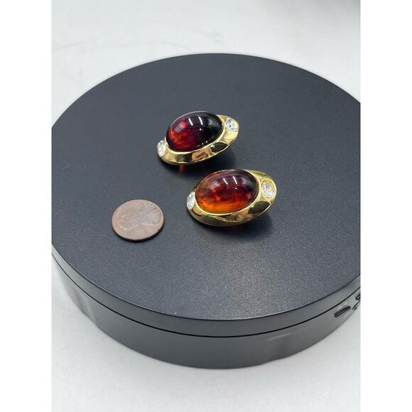 Kenneth Jay Lane Oval Brown Glass Cabochon Vintage Rhinestone Clip Earring‎ - Picture 12 of 16